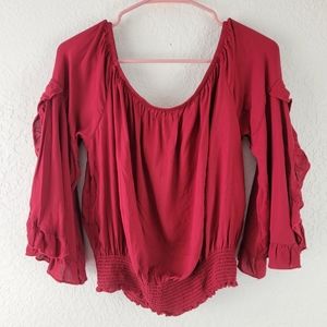 NWT Living Doll Red Ruffle Smocked Cropped Boat Neck Blouse Top XL